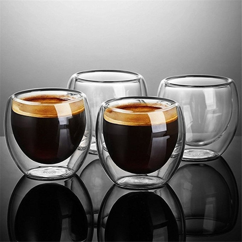 Heat-resistant Double Wall Glass Cup - Brown Shots Coffee